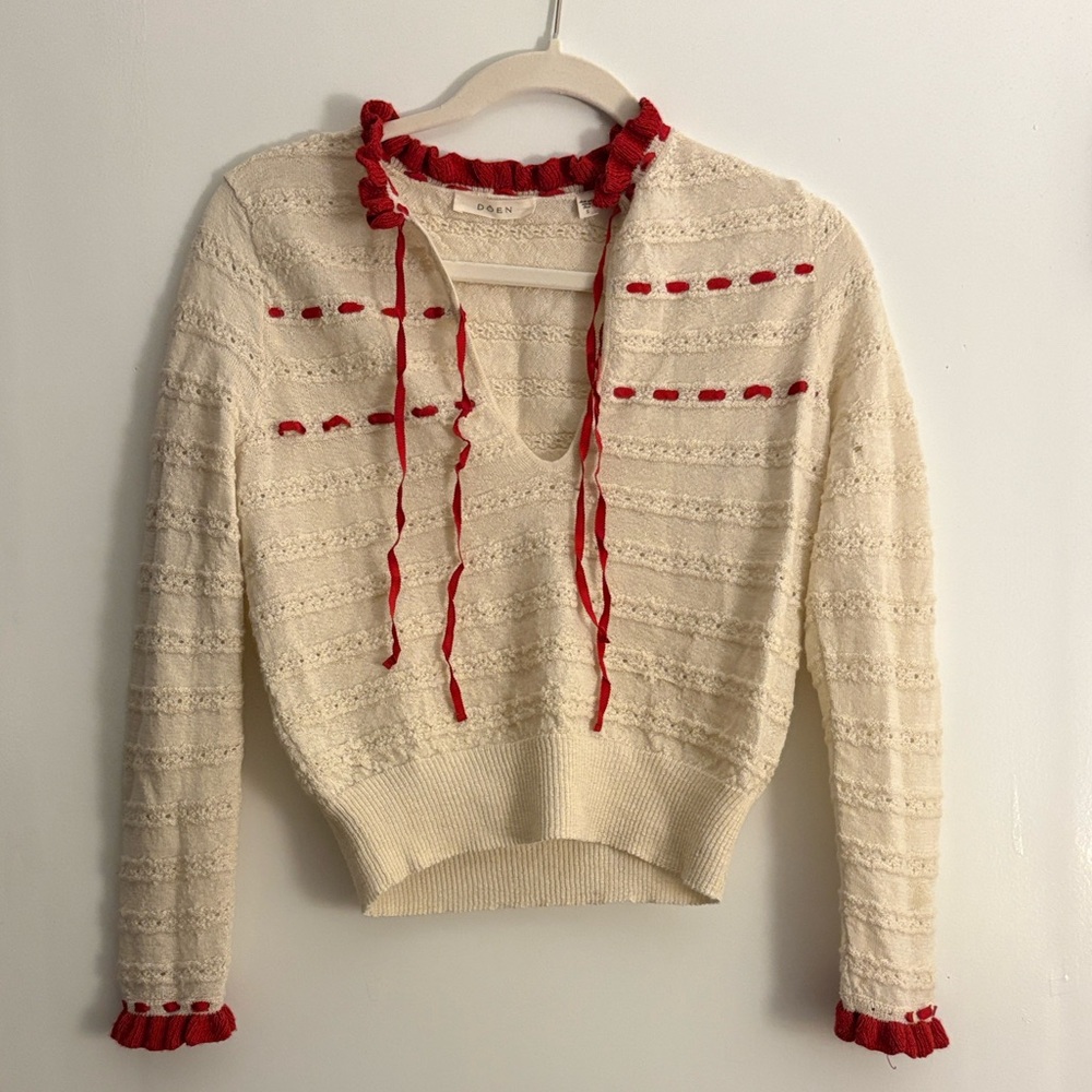 DÔEN Cordelie Top Women's Sweater cream with red trim - Picture 6 of 8